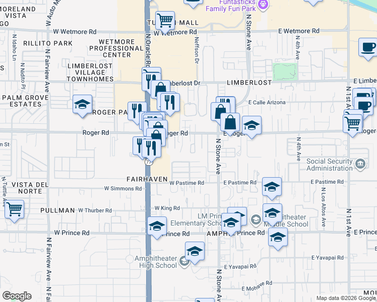 map of restaurants, bars, coffee shops, grocery stores, and more near 215 West Roger Road in Tucson