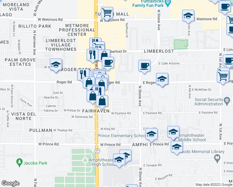 map of restaurants, bars, coffee shops, grocery stores, and more near 307 West Roger Road in Tucson