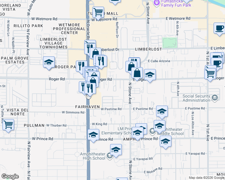 map of restaurants, bars, coffee shops, grocery stores, and more near 215 West Roger Road in Tucson