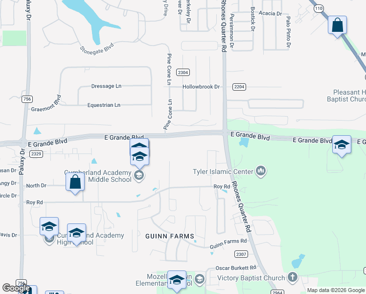 map of restaurants, bars, coffee shops, grocery stores, and more near East Grande Boulevard in Tyler