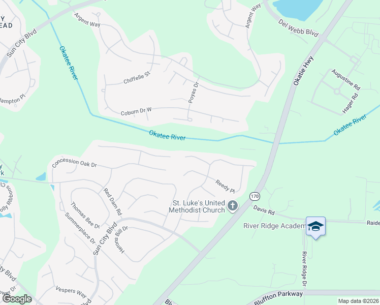 map of restaurants, bars, coffee shops, grocery stores, and more near 28 Old Country Roses in Bluffton