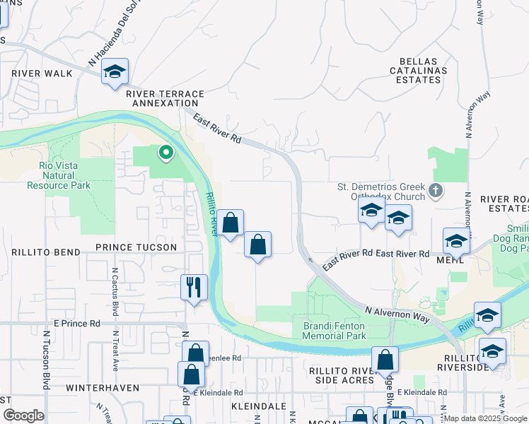 map of restaurants, bars, coffee shops, grocery stores, and more near 3374 East River Road in Tucson