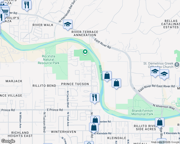 map of restaurants, bars, coffee shops, grocery stores, and more near 3109 East Oasis De Palmeras in Tucson