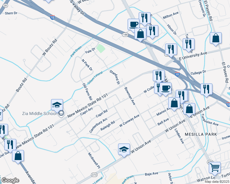 map of restaurants, bars, coffee shops, grocery stores, and more near 705 New Mexico State Road 101 in Las Cruces
