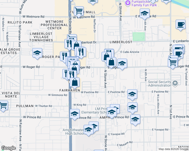 map of restaurants, bars, coffee shops, grocery stores, and more near 211 West Roger Road in Tucson