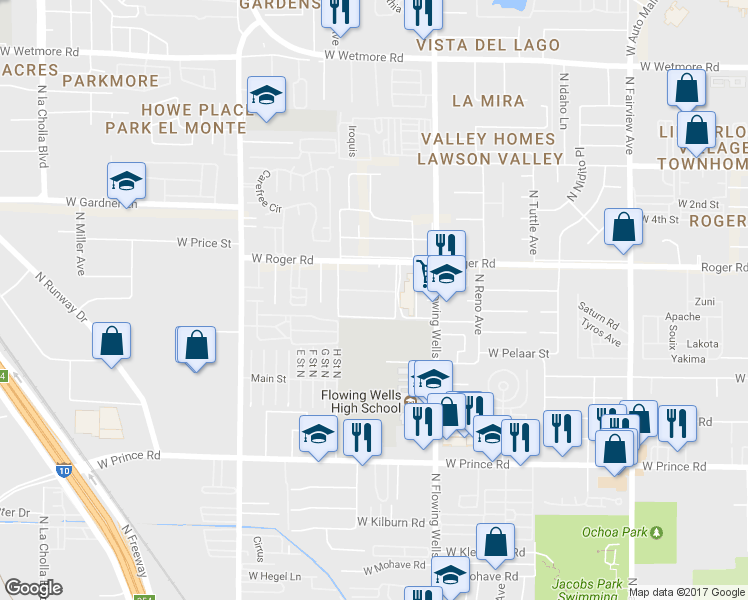 map of restaurants, bars, coffee shops, grocery stores, and more near 3930 North Pomona Road in Tucson