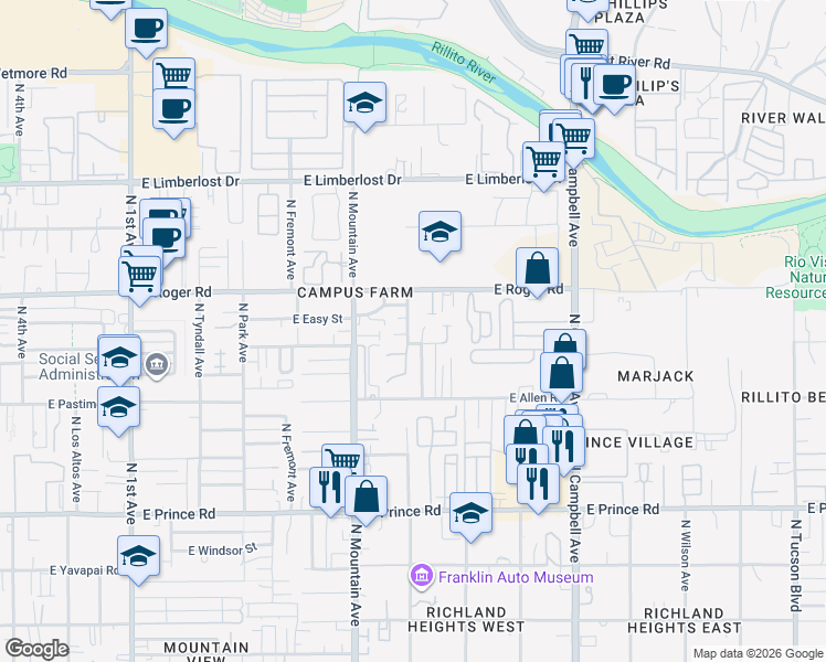 map of restaurants, bars, coffee shops, grocery stores, and more near 3919 North Vine Avenue in Tucson