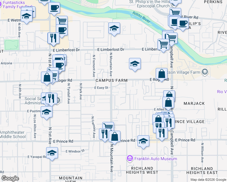 map of restaurants, bars, coffee shops, grocery stores, and more near 3922 North Mountain Avenue in Tucson