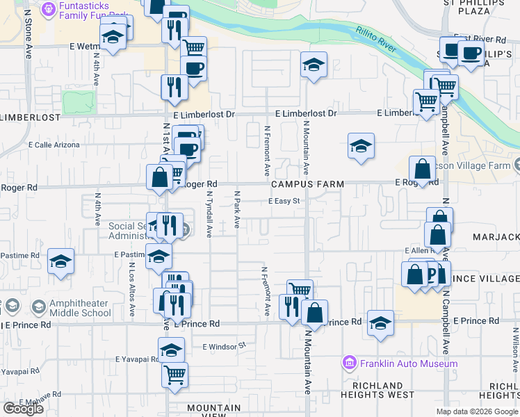 map of restaurants, bars, coffee shops, grocery stores, and more near 1125 East Easy Street in Tucson