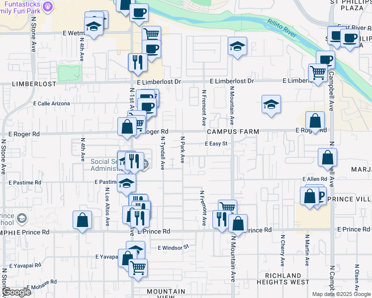 map of restaurants, bars, coffee shops, grocery stores, and more near 3918 North Park Avenue in Tucson
