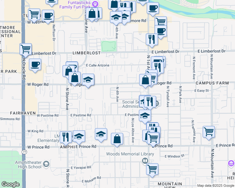 map of restaurants, bars, coffee shops, grocery stores, and more near 356 East Roger Road in Tucson