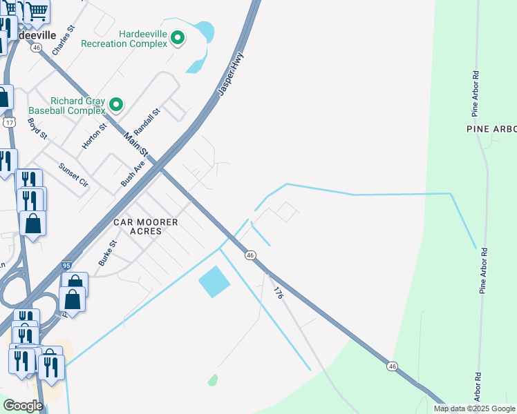 map of restaurants, bars, coffee shops, grocery stores, and more near 149-199 State Road S-27-374 in Hardeeville