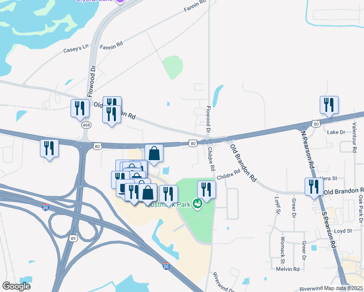 map of restaurants, bars, coffee shops, grocery stores, and more near 1600 U.S. 80 in Pearl