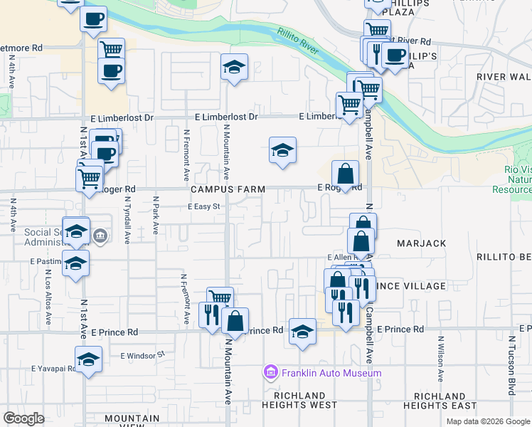 map of restaurants, bars, coffee shops, grocery stores, and more near 3919 North Vine Avenue in Tucson