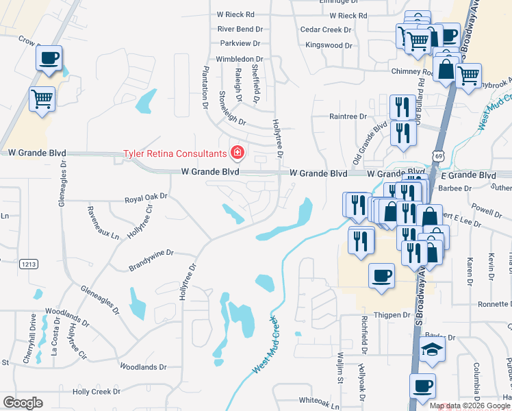 map of restaurants, bars, coffee shops, grocery stores, and more near 741 Esperanza Place in Tyler