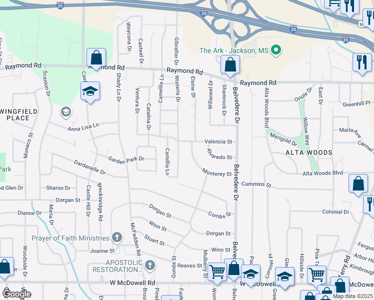 map of restaurants, bars, coffee shops, grocery stores, and more near 863 Monterey Street in Jackson