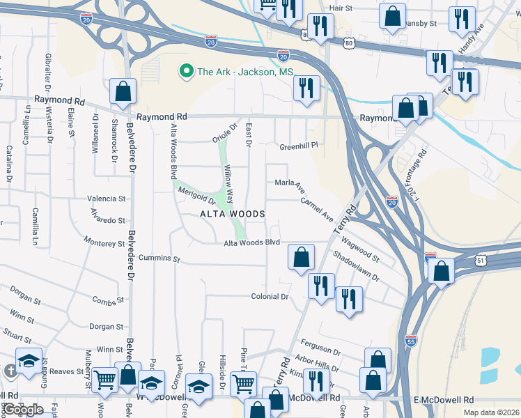 map of restaurants, bars, coffee shops, grocery stores, and more near 2111 Oakhurst Drive in Jackson