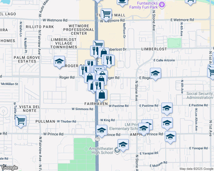 map of restaurants, bars, coffee shops, grocery stores, and more near 307 West Roger Road in Tucson