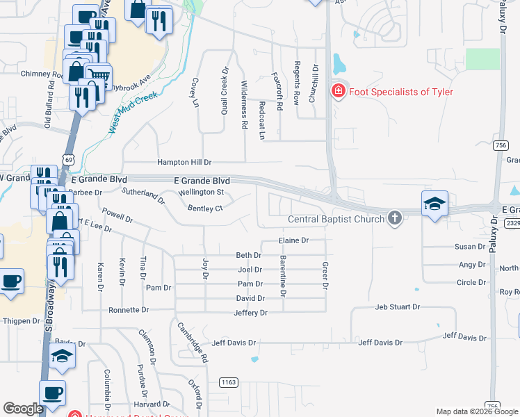 map of restaurants, bars, coffee shops, grocery stores, and more near 735 Bentley Court in Tyler