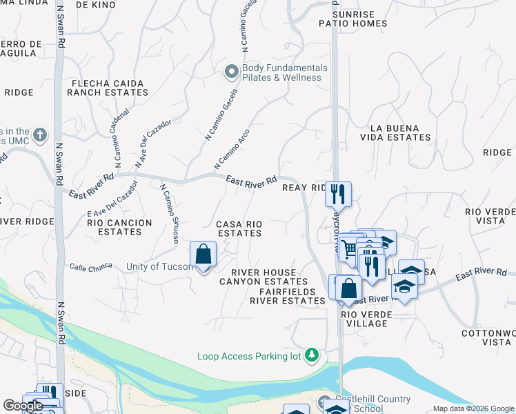map of restaurants, bars, coffee shops, grocery stores, and more near 3900 North Camino Blanco in Tucson