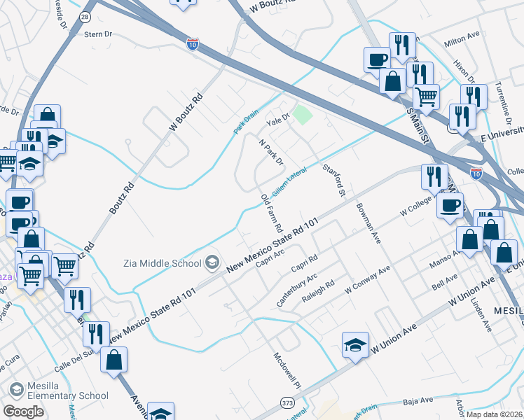 map of restaurants, bars, coffee shops, grocery stores, and more near 2100-2112 Old Farm Rd in Las Cruces