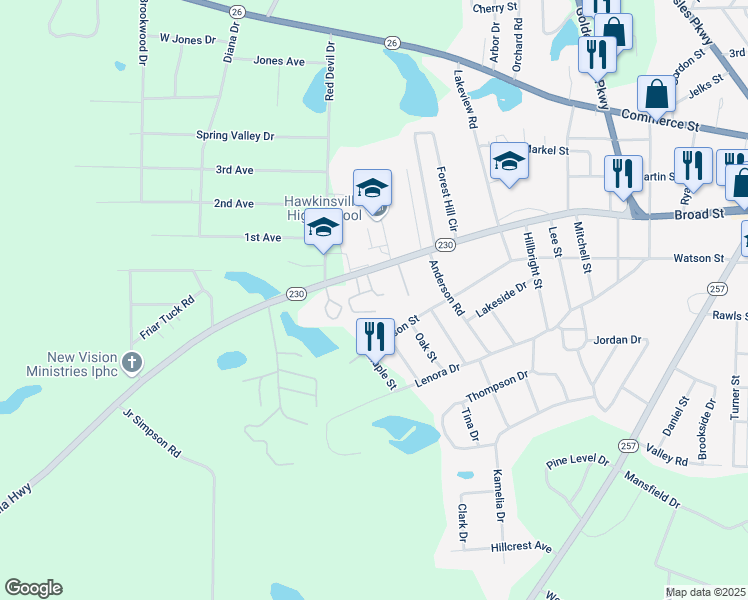 map of restaurants, bars, coffee shops, grocery stores, and more near 369 Broad Street in Hawkinsville