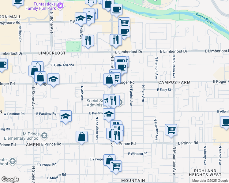 map of restaurants, bars, coffee shops, grocery stores, and more near 701 East McMillan Drive in Tucson