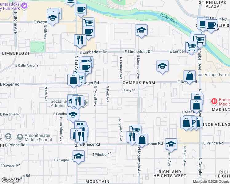 map of restaurants, bars, coffee shops, grocery stores, and more near 1125 East Easy Street in Tucson