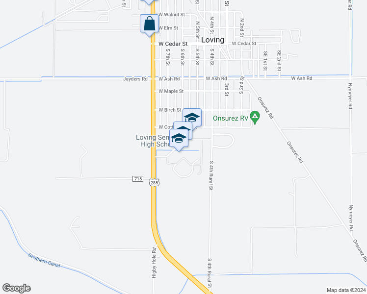 map of restaurants, bars, coffee shops, grocery stores, and more near 600 South 6th Street in Loving