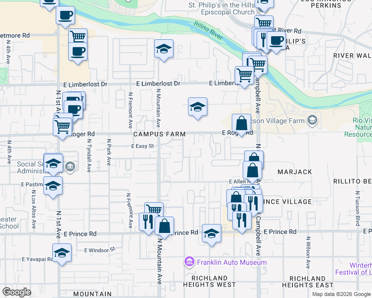 map of restaurants, bars, coffee shops, grocery stores, and more near 3919 North Vine Avenue in Tucson
