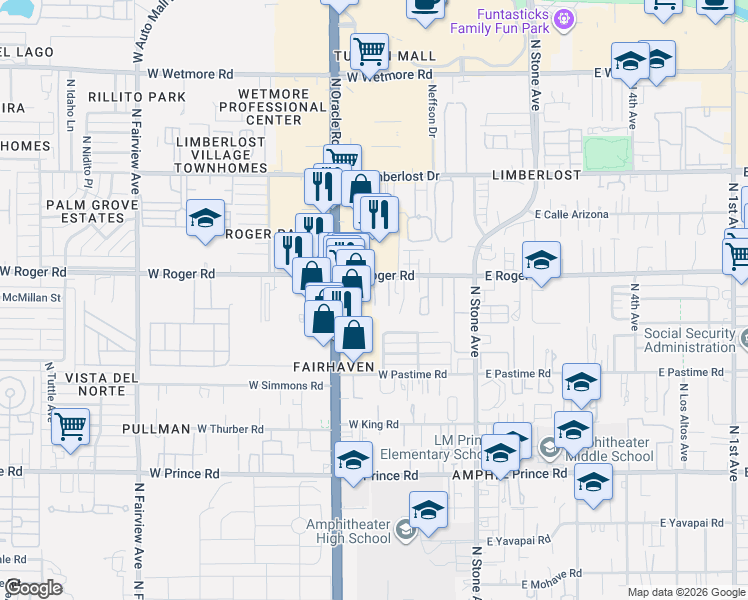 map of restaurants, bars, coffee shops, grocery stores, and more near 333 West Roger Road in Tucson