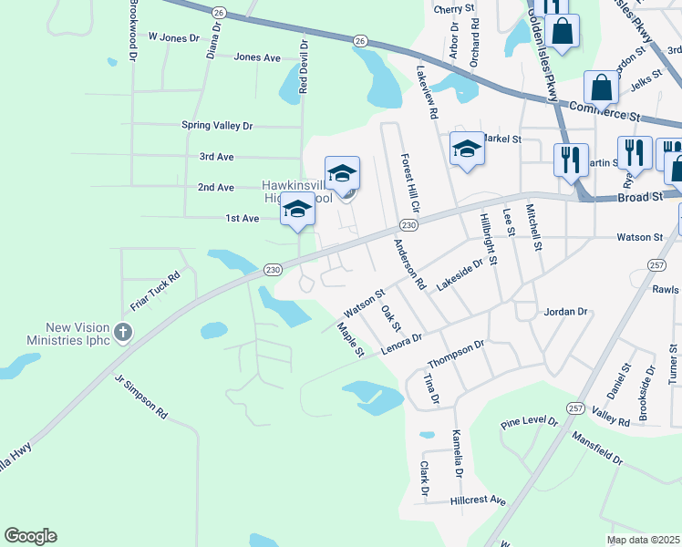 map of restaurants, bars, coffee shops, grocery stores, and more near 369 Broad Street in Hawkinsville