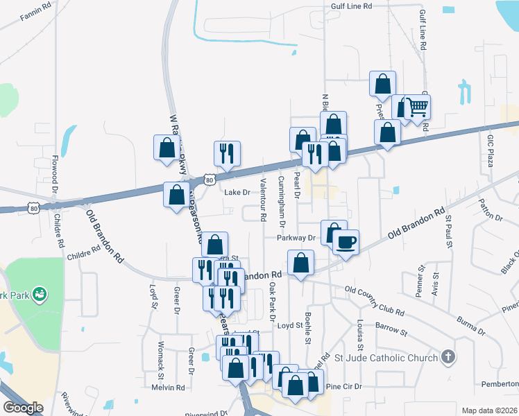 map of restaurants, bars, coffee shops, grocery stores, and more near 402 Valentour Road in Pearl