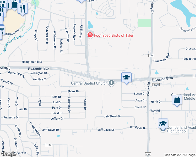 map of restaurants, bars, coffee shops, grocery stores, and more near 1136 East Grande Boulevard in Tyler