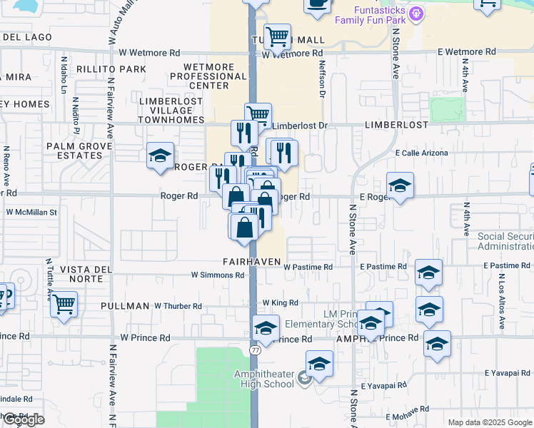 map of restaurants, bars, coffee shops, grocery stores, and more near 3963 North Oracle Road in Tucson