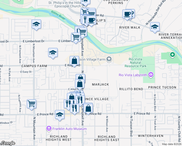 map of restaurants, bars, coffee shops, grocery stores, and more near 2000 East Roger Road in Tucson