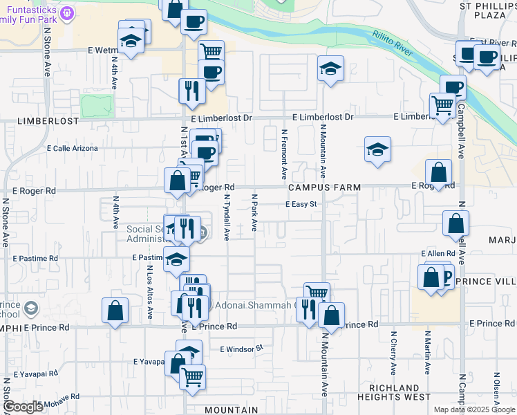map of restaurants, bars, coffee shops, grocery stores, and more near 3918 North Park Avenue in Tucson