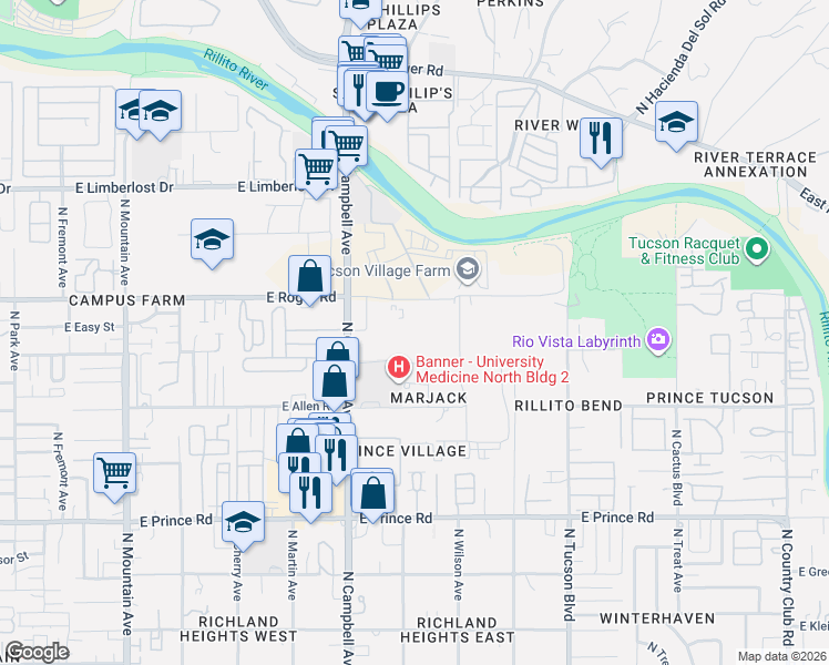 map of restaurants, bars, coffee shops, grocery stores, and more near 2000 East Roger Road in Tucson