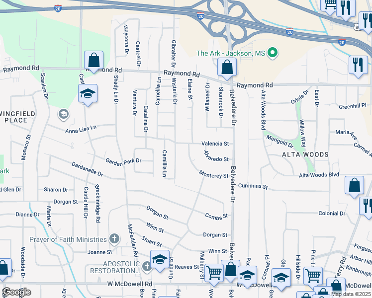 map of restaurants, bars, coffee shops, grocery stores, and more near 863 Monterey Street in Jackson