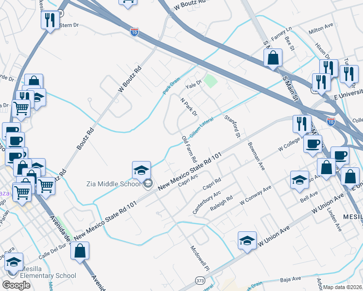 map of restaurants, bars, coffee shops, grocery stores, and more near 2100 Old Farm Road in Las Cruces
