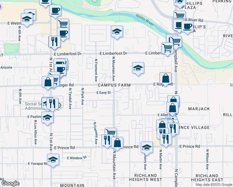 map of restaurants, bars, coffee shops, grocery stores, and more near 3922 North Mountain Avenue in Tucson