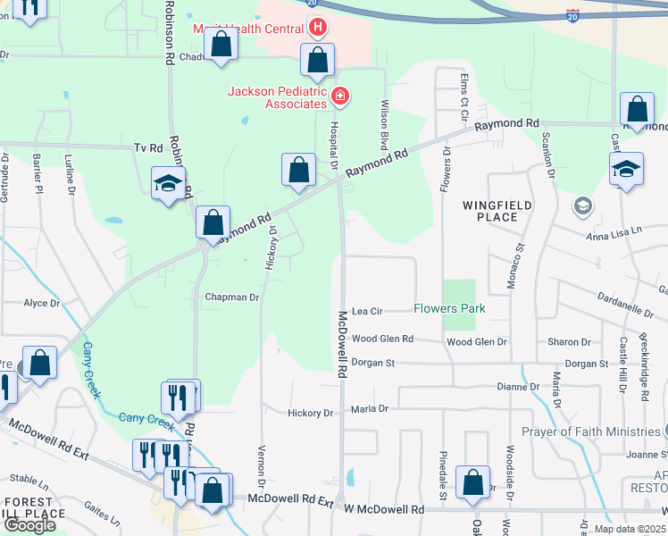 map of restaurants, bars, coffee shops, grocery stores, and more near 2101 West McDowell Road in Jackson