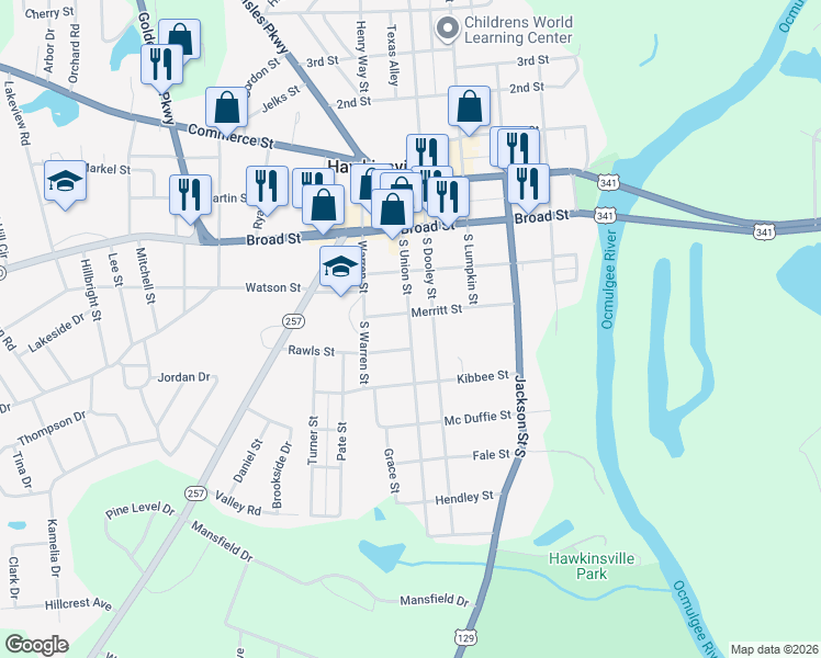 map of restaurants, bars, coffee shops, grocery stores, and more near 54 South Union Street in Hawkinsville