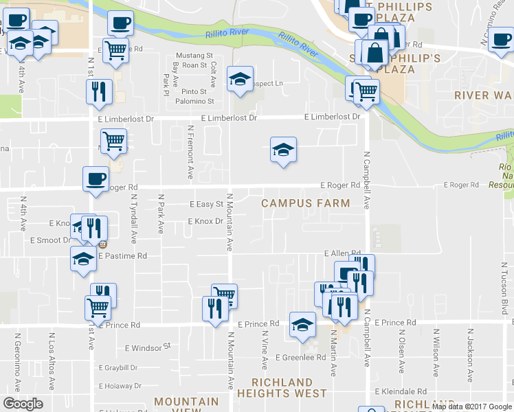 map of restaurants, bars, coffee shops, grocery stores, and more near 3919 North Vine Avenue in Tucson