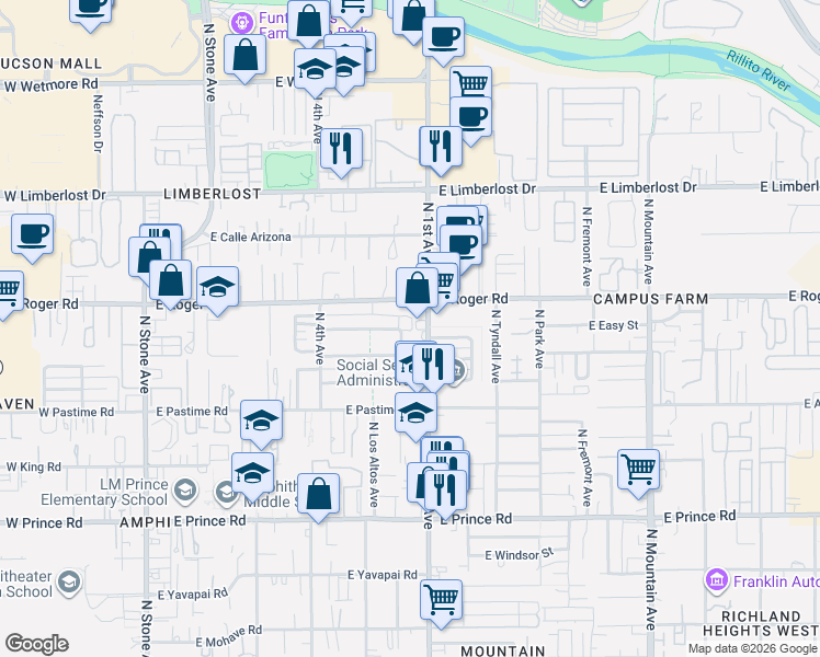 map of restaurants, bars, coffee shops, grocery stores, and more near 517a East McMillan Drive in Tucson