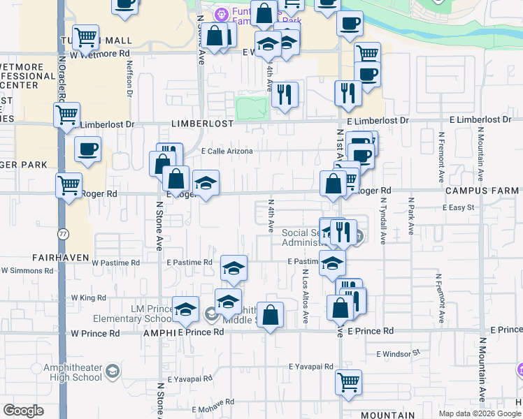 map of restaurants, bars, coffee shops, grocery stores, and more near 356 East Roger Road in Tucson