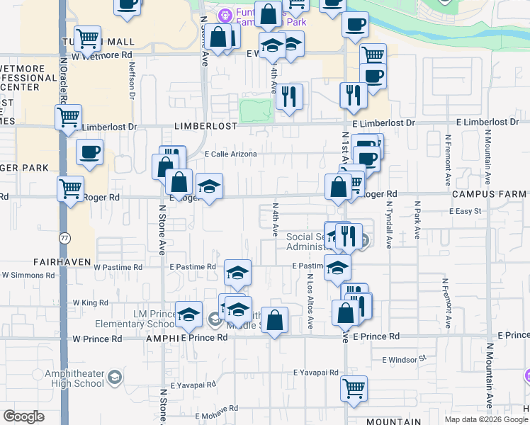 map of restaurants, bars, coffee shops, grocery stores, and more near 356 East Roger Road in Tucson