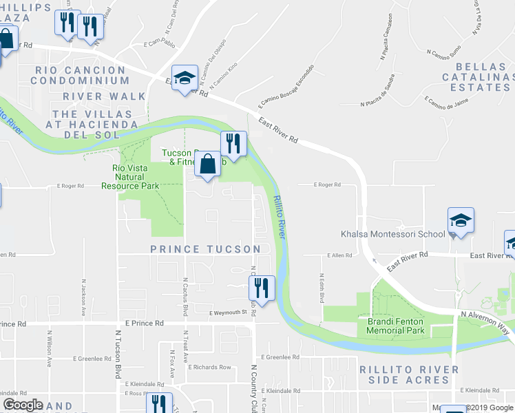 map of restaurants, bars, coffee shops, grocery stores, and more near 3105 East Oasis De Palmeras in Tucson