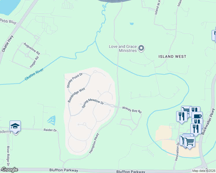 map of restaurants, bars, coffee shops, grocery stores, and more near 103 Keller Springs Court in Bluffton