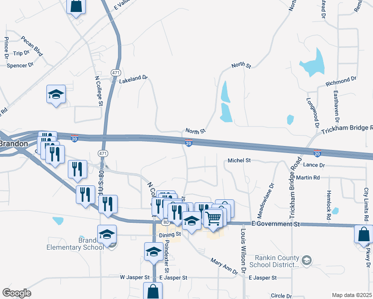 map of restaurants, bars, coffee shops, grocery stores, and more near 314 North Street in Brandon